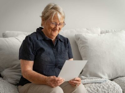 Elderly woman in her lounge room reading piece of paper explaining higher everyday living fee for aged care